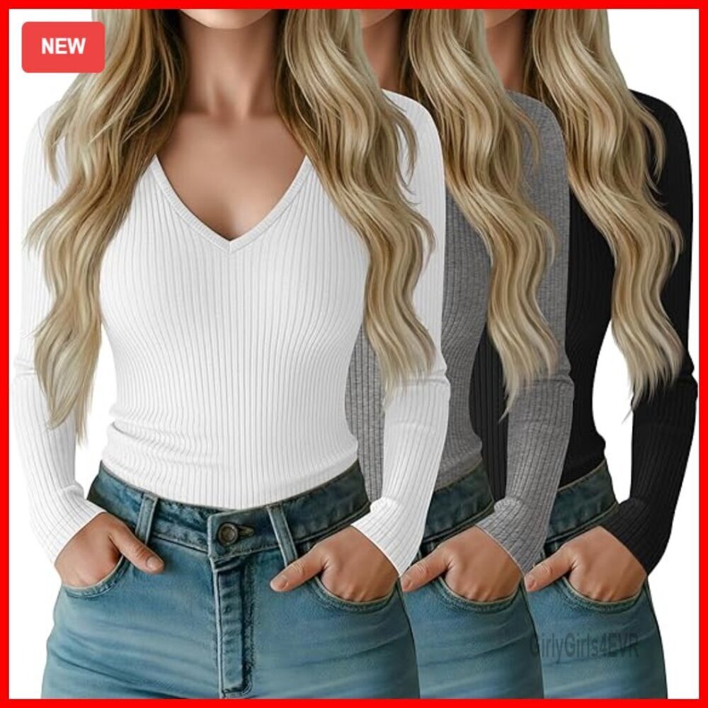 3 Pack Long Sleeve V Neck Ribbed Knit Tops Slim Fit Cotton Tees